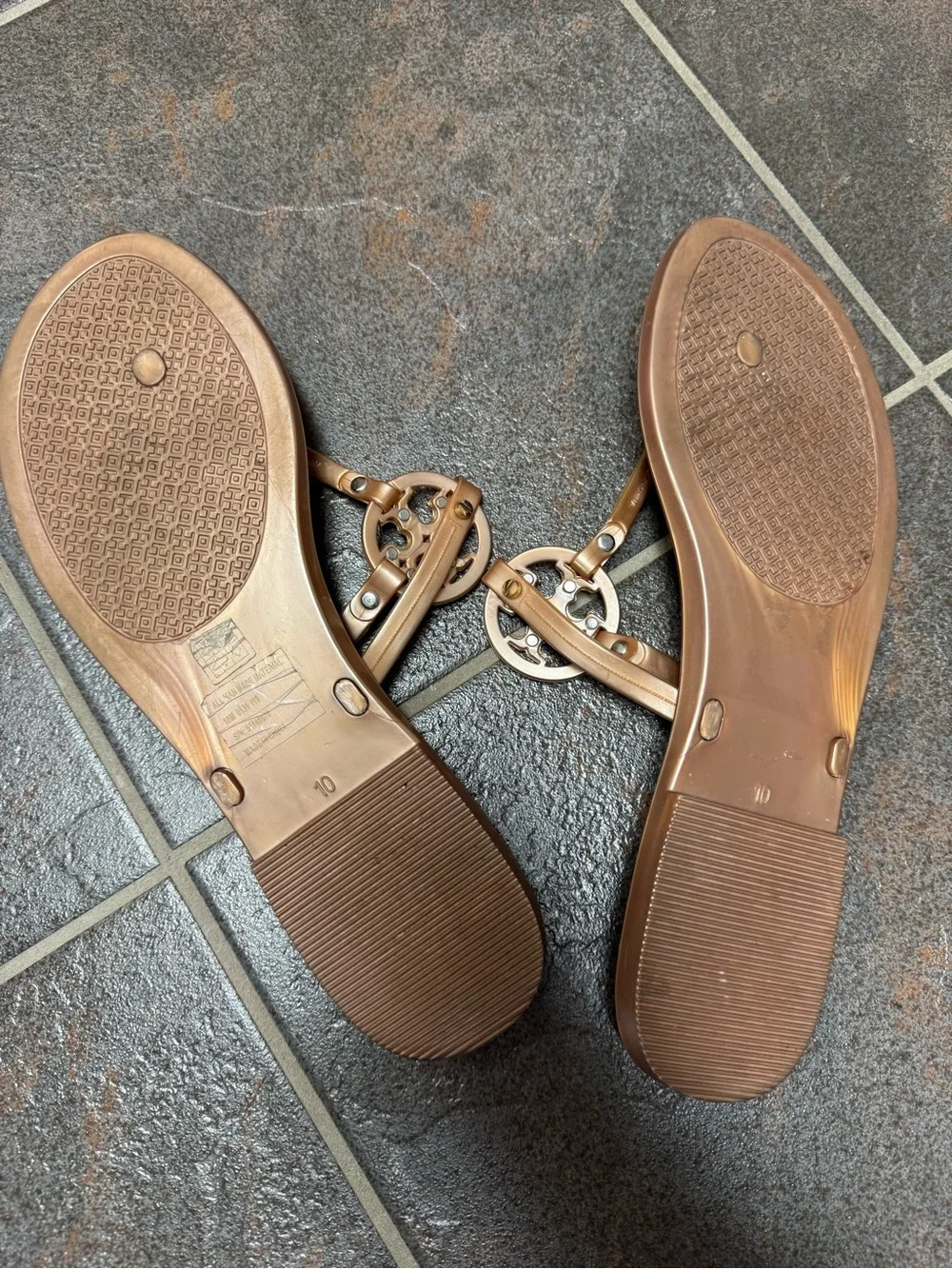 Tory Burch TB Mini Miller Metallic Logo Jelly Thong Slip On Sandals Rose Gold 10